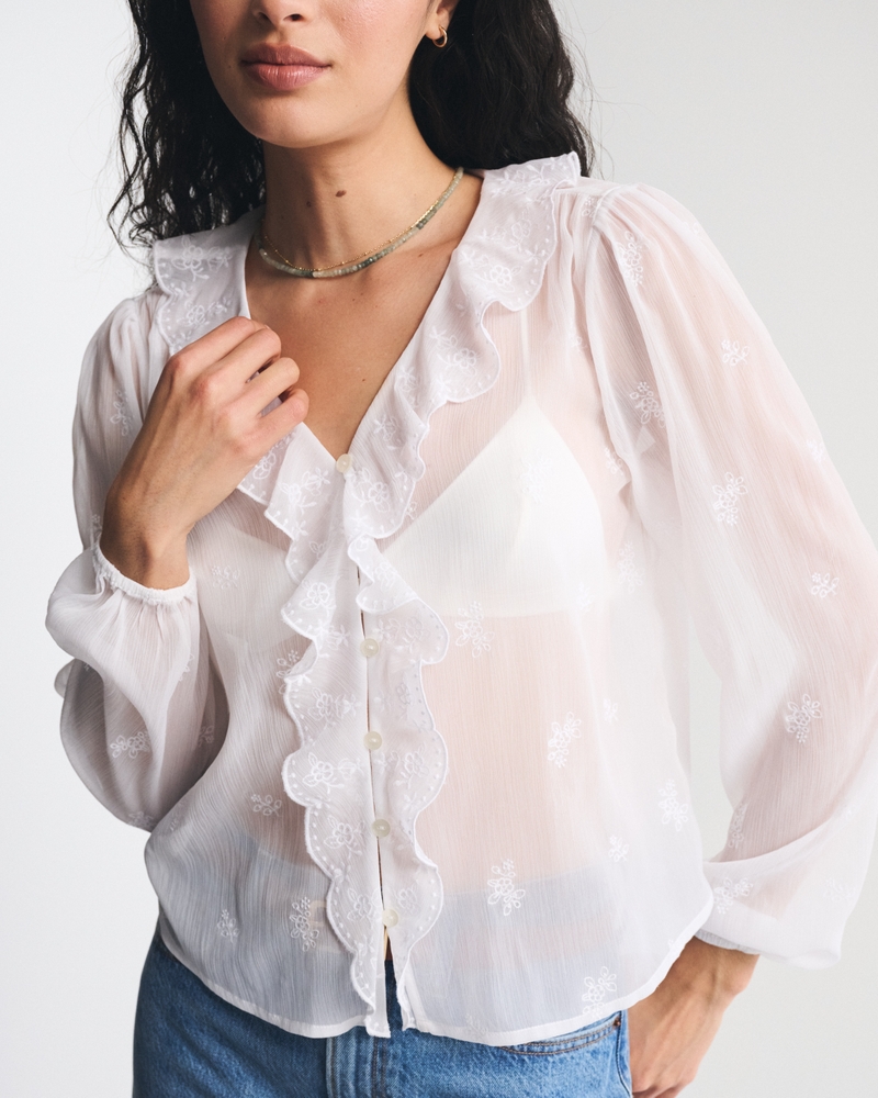 Sheer Embroidered Ruffle Button-Through Blouse 상세 이미지 5