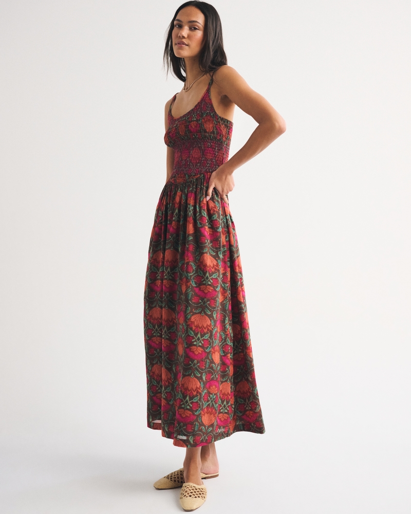 100% Cotton A&F Sydney Smocked Dipped-Waist Maxi Dress 상세 이미지 3