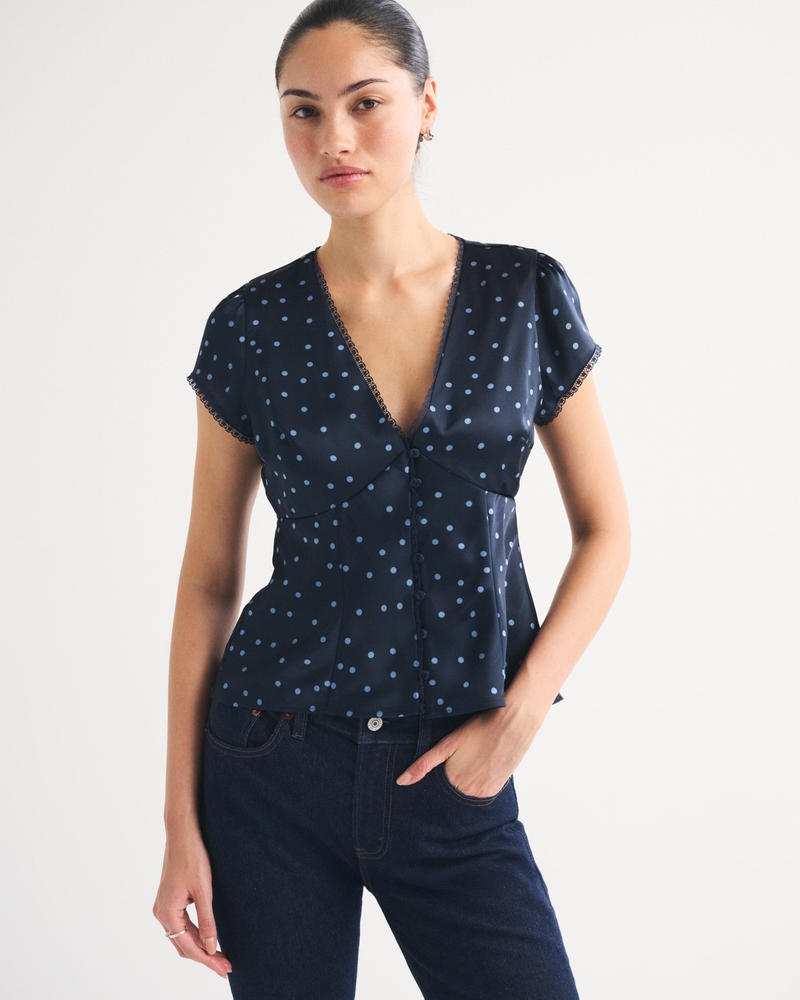 Slim Satin Short-Sleeve Blouse