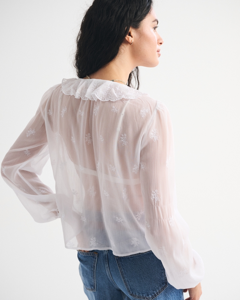 Sheer Embroidered Ruffle Button-Through Blouse 상세 이미지 4