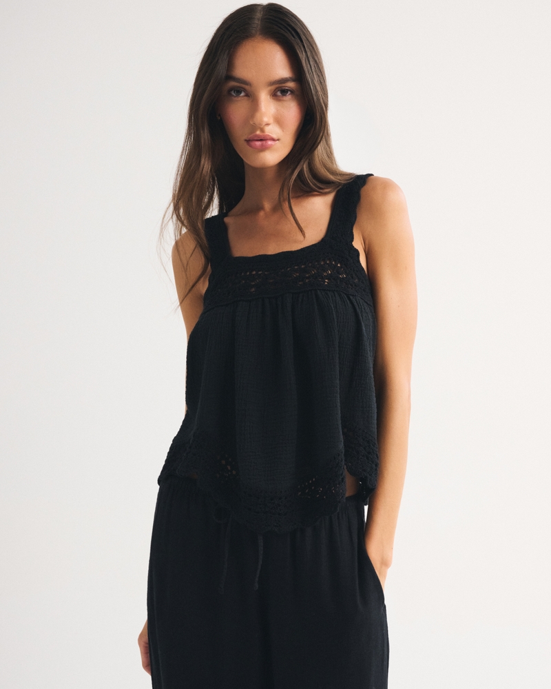 100% Cotton Squareneck Crochet Tank 상세 이미지 3
