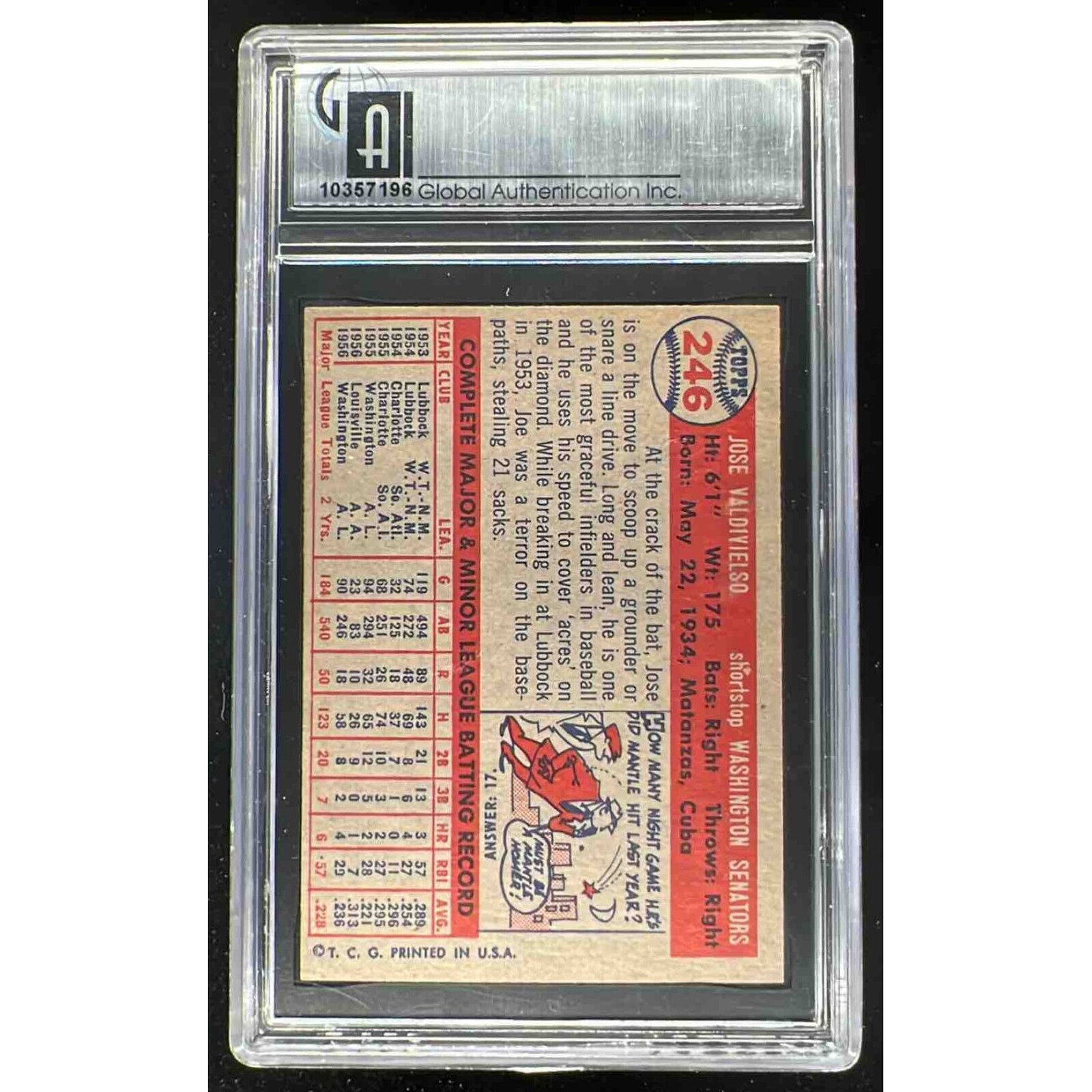 1957 Topps #246 호세 발디비엘소 카드 (GAI 8) 상세 이미지 3