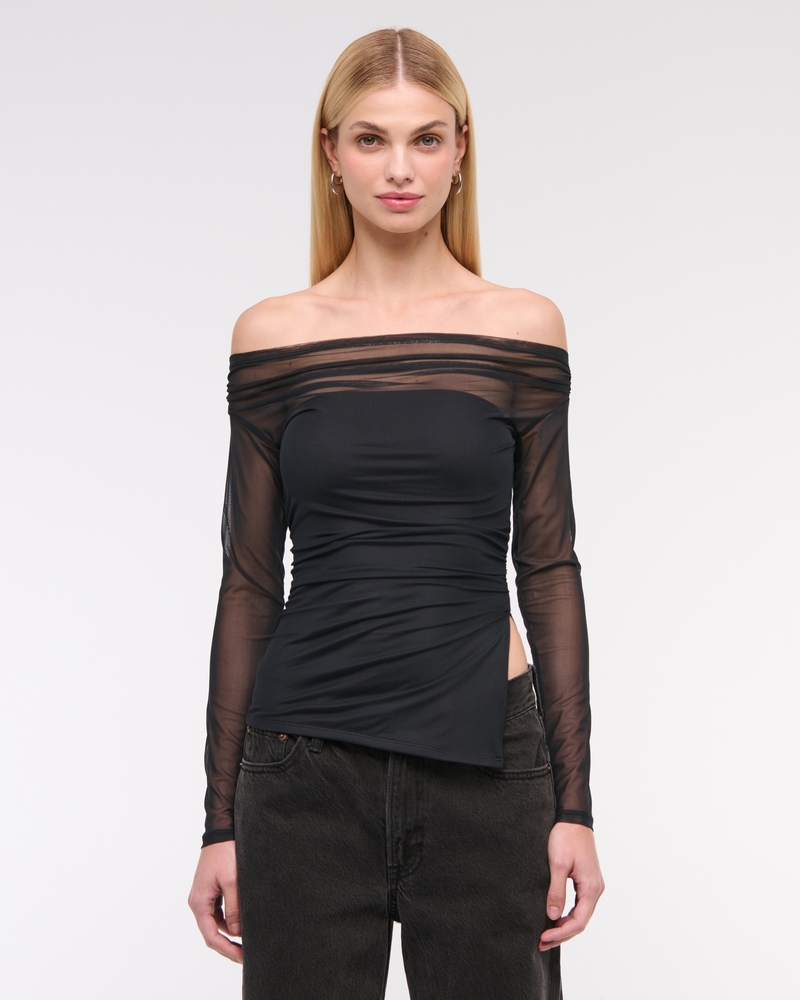 Off-The-Shoulder Draped Mesh Top 상세 이미지 3