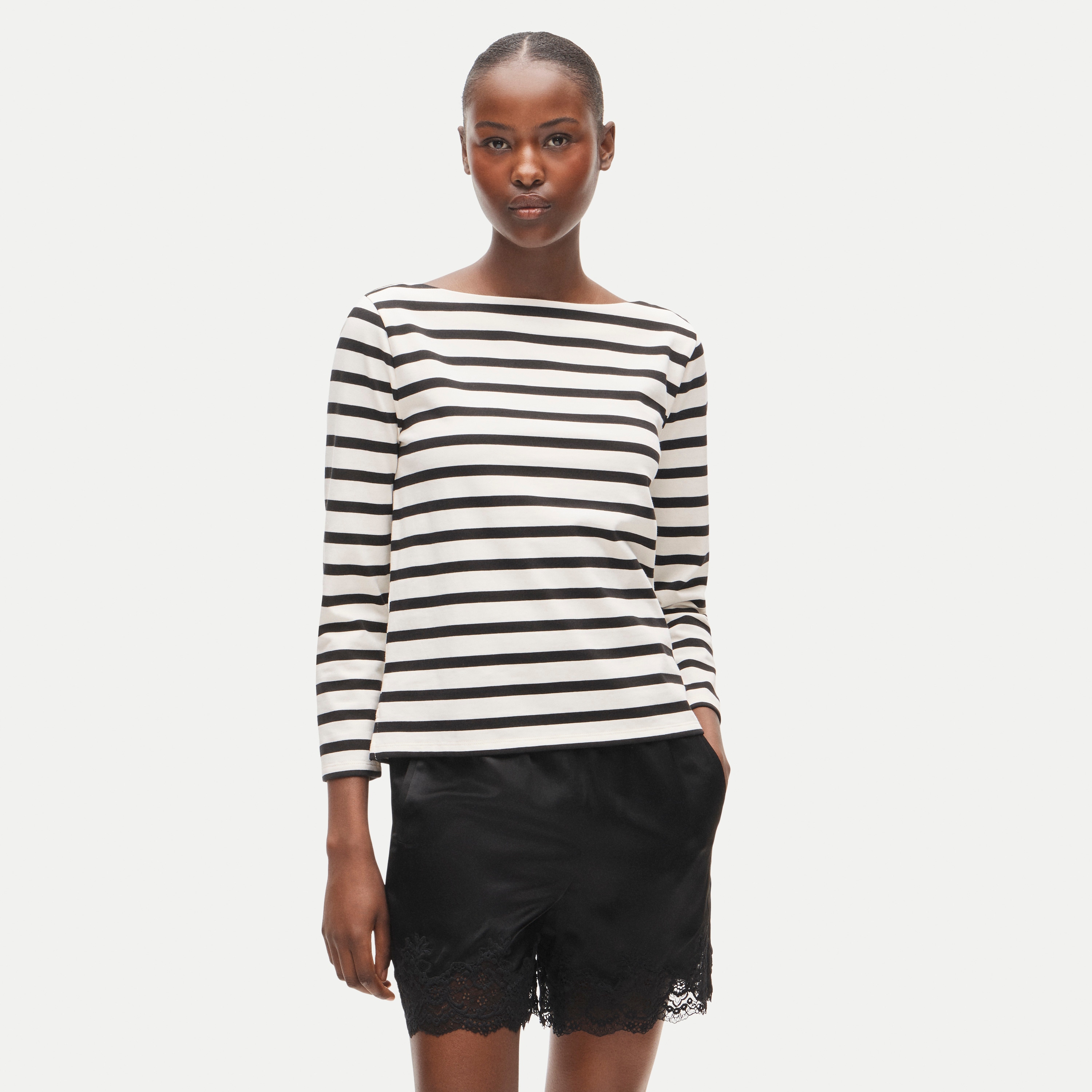 Boatneck T-shirt in striped heavyweight cotton 상세 이미지 2