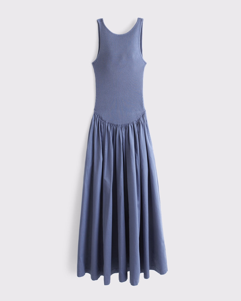 Mixed Fabric High-Neck Maxi Dress 상세 이미지 5