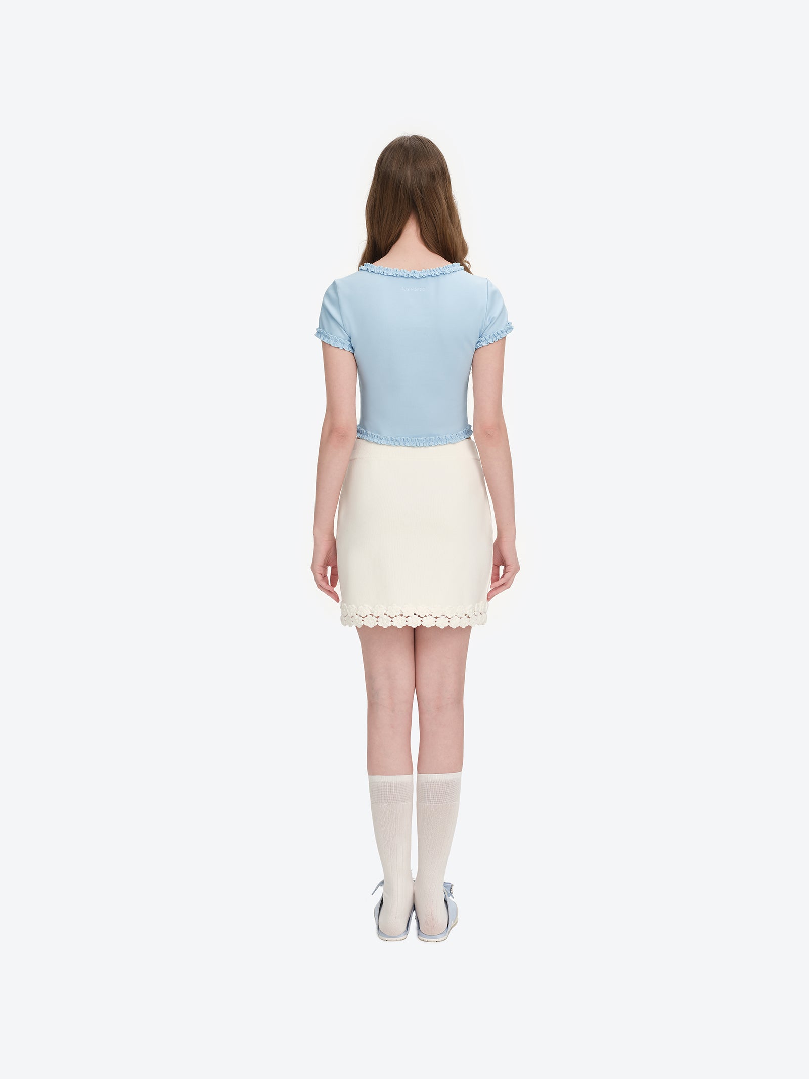 러플 밑단 리본 블라우스 블루 상세 이미지 4