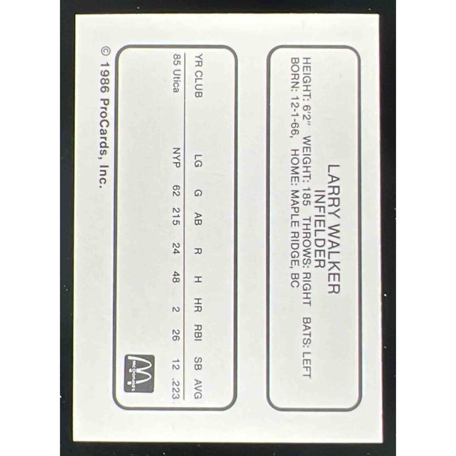 1986 Procards Burlington Inc 래리 워커 카드 상세 이미지 3