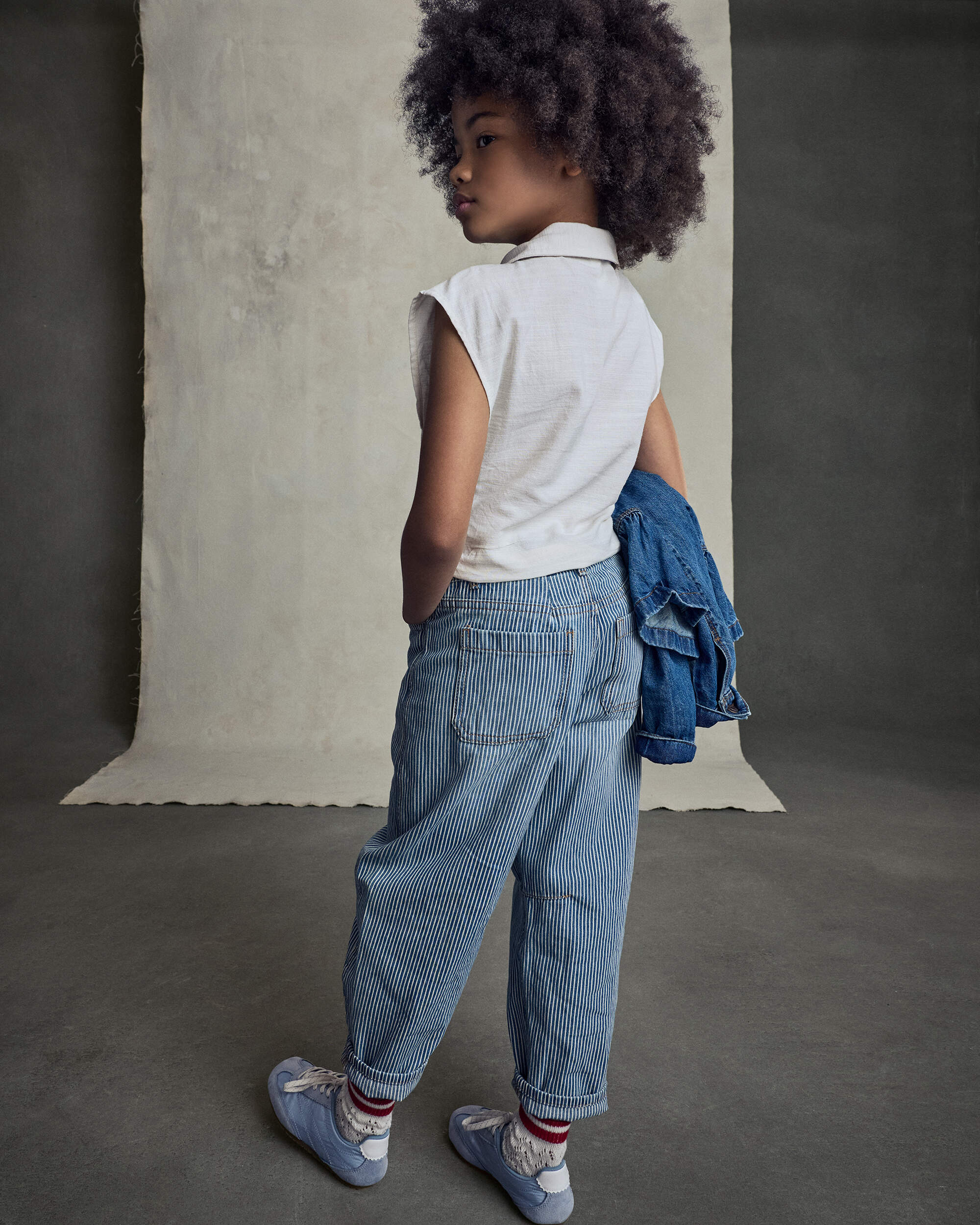 Girls Hickory Stripe Denim Barrel Jeans - Light Wash 상세 이미지 3