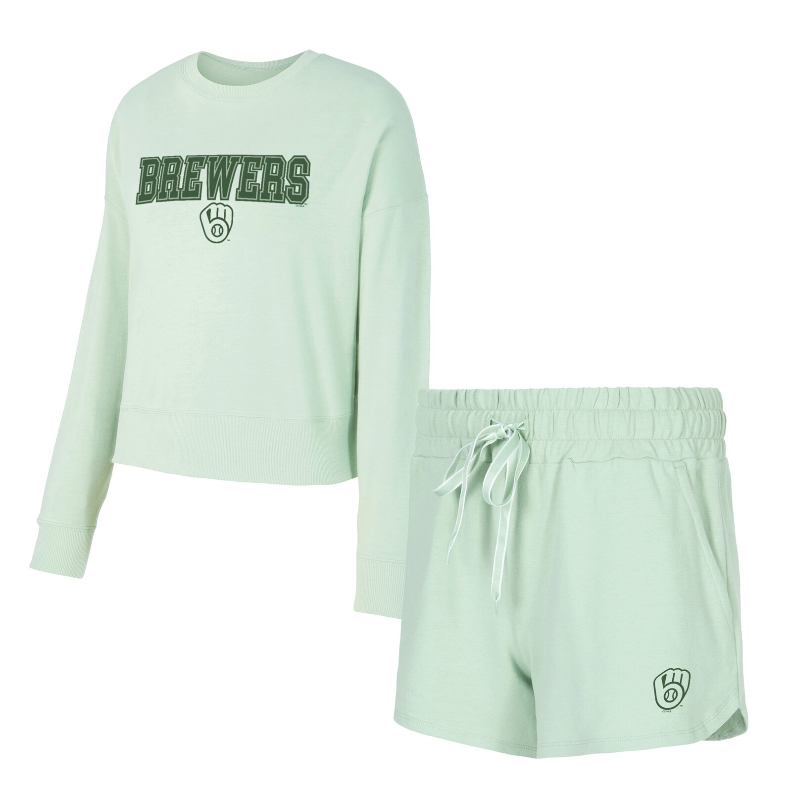 여성용 Milwaukee Brewers Concepts Sport 연그린 Elevation 트라이블렌드 긴소매 상의 & 반바지 세트 상세 이미지 2