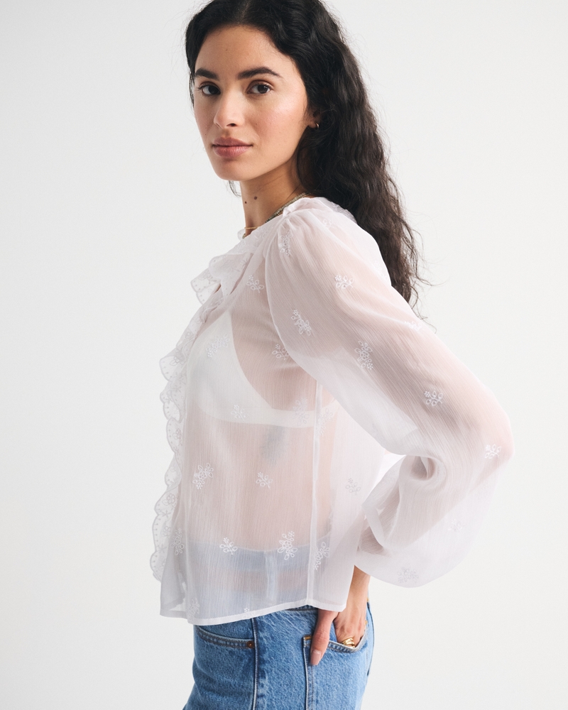 Sheer Embroidered Ruffle Button-Through Blouse 상세 이미지 3