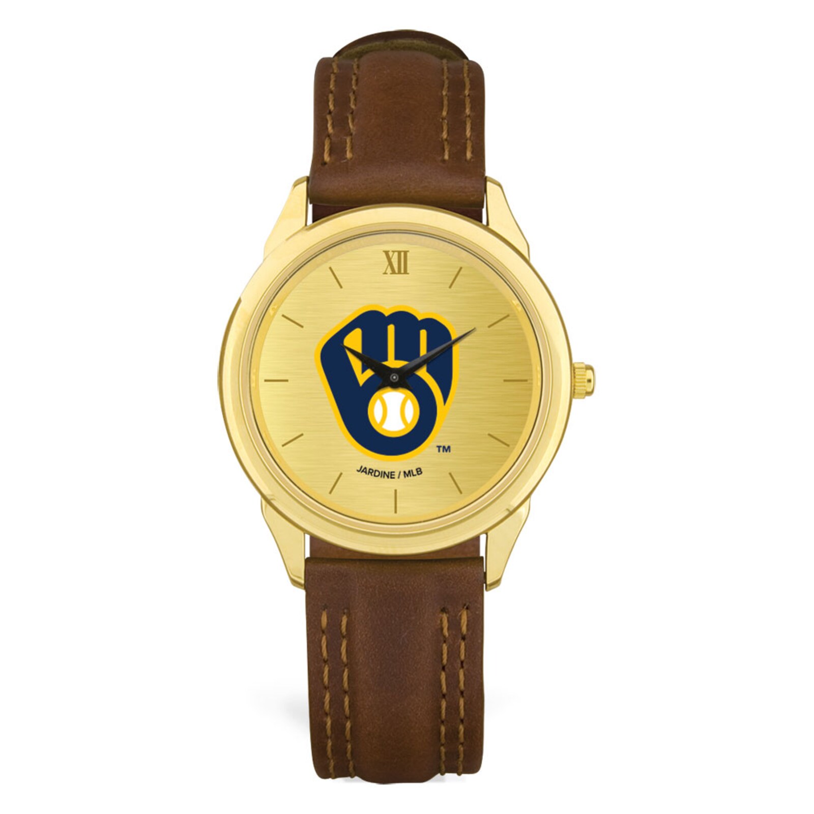 남성용 Milwaukee Brewers 브라운 가죽 손목시계