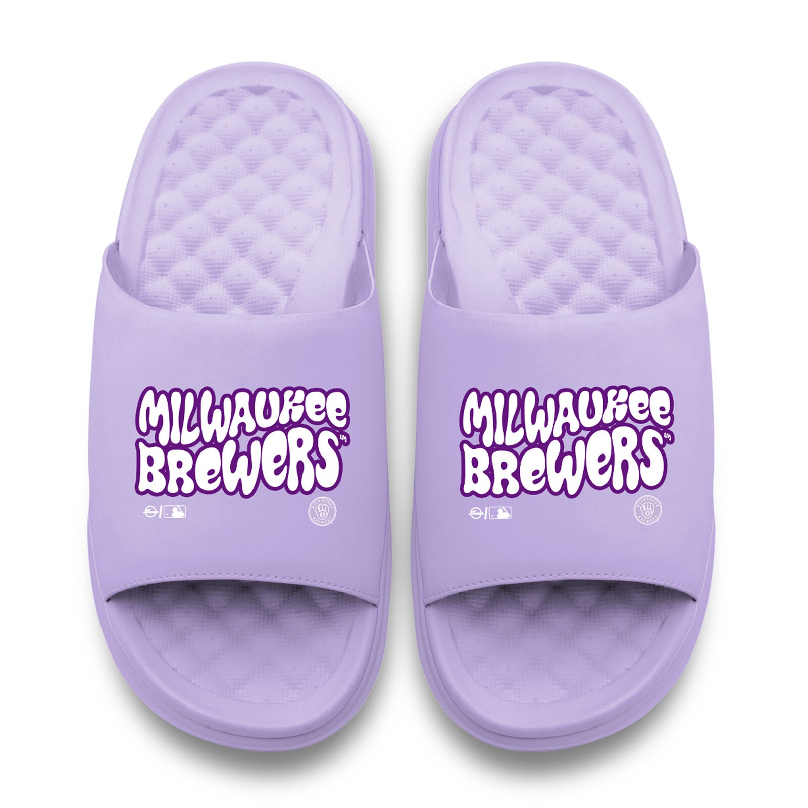 Milwaukee Brewers 라벤더 버블 레터 모티브 ISlide 유니섹스 슬라이드 샌들 상세 이미지 2