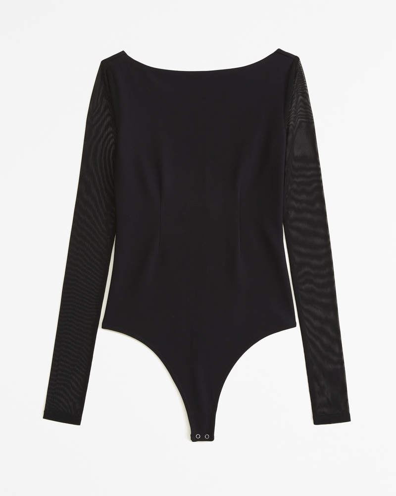 Long-Sleeve Mesh Crepe Shell Bodysuit 상세 이미지 6