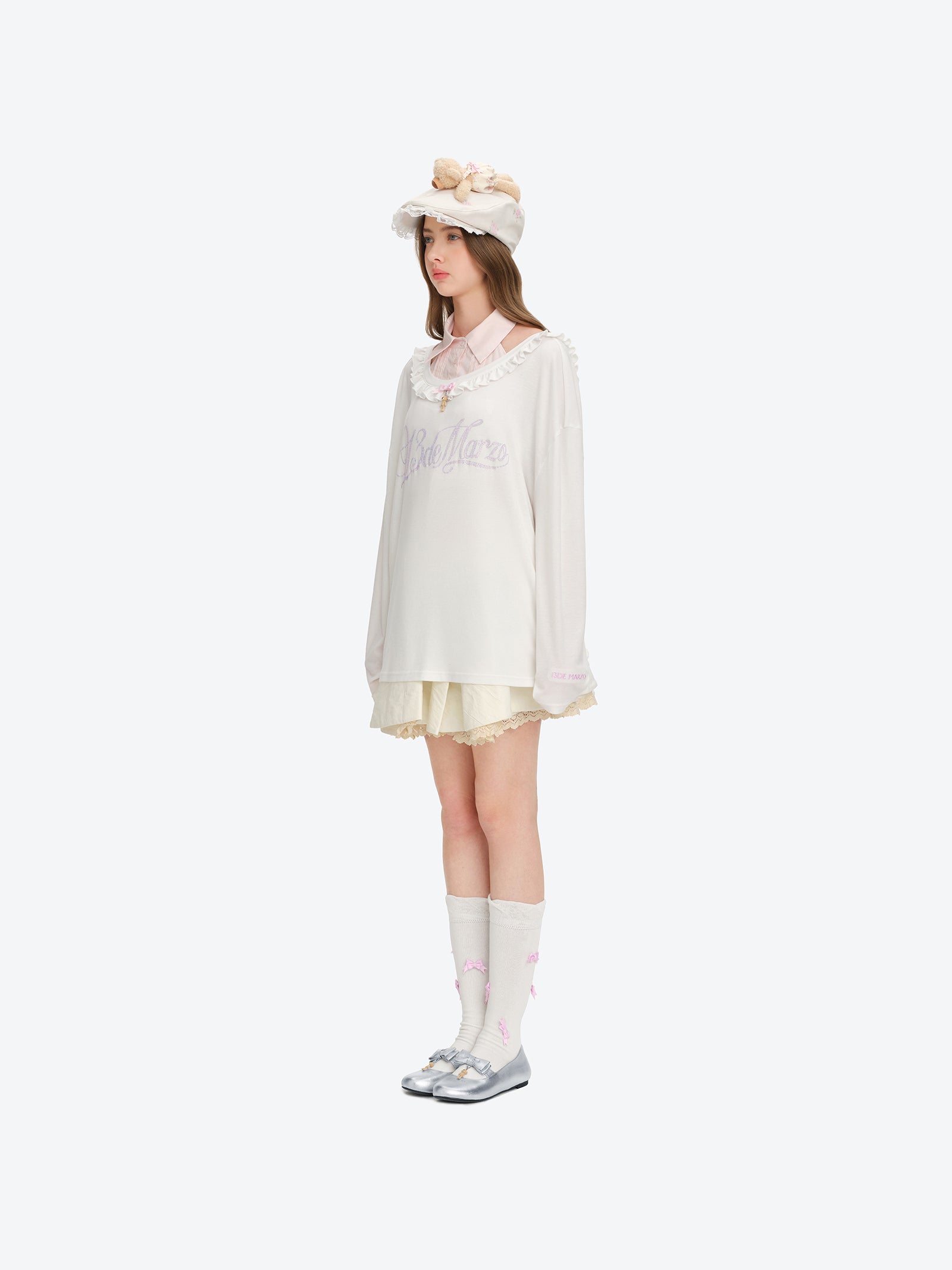 자수 러플 볼캡 베이지 상세 이미지 3