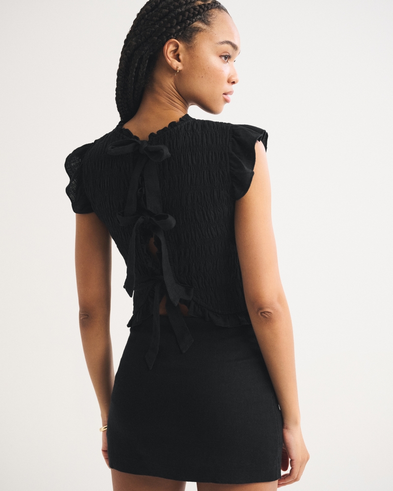 Tie-Back Smocked Linen-Blend Top 상세 이미지 7