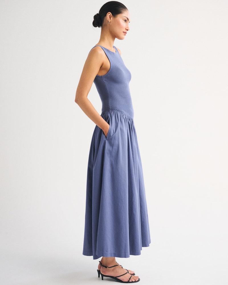 Mixed Fabric High-Neck Maxi Dress 상세 이미지 3
