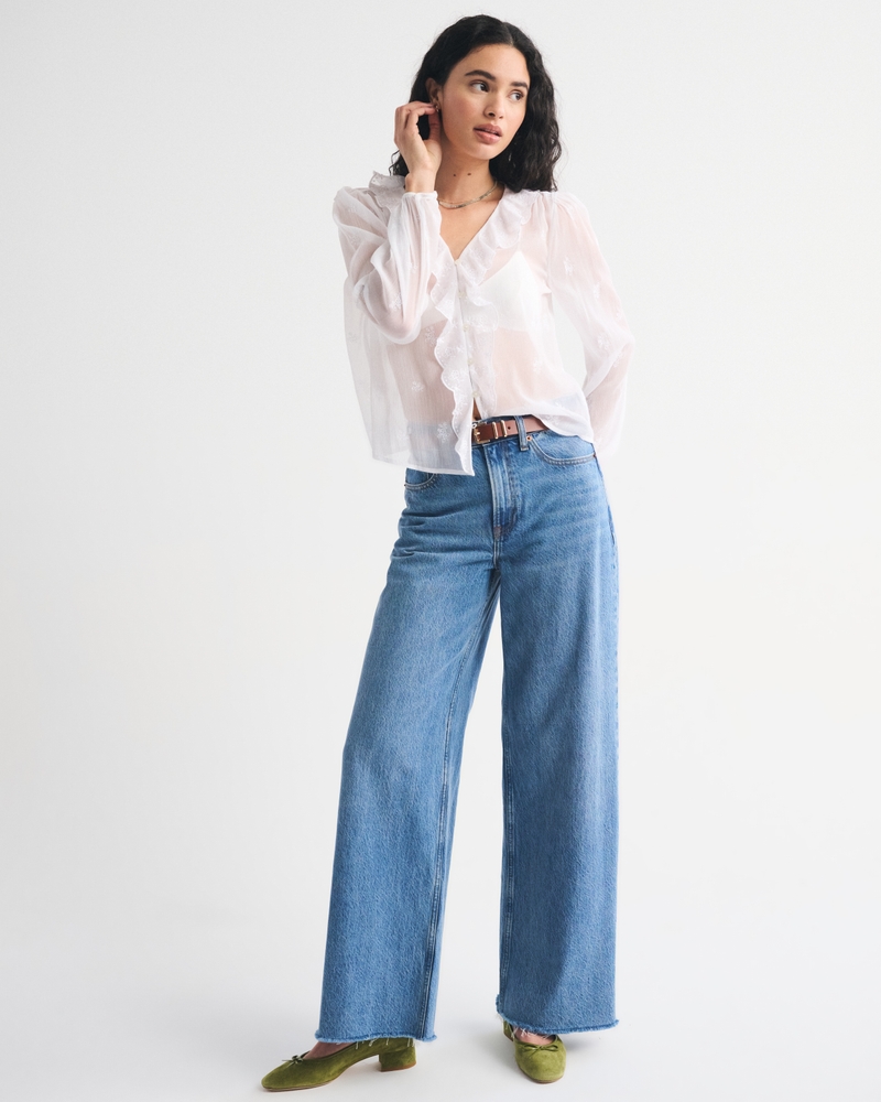 Sheer Embroidered Ruffle Button-Through Blouse 상세 이미지 2