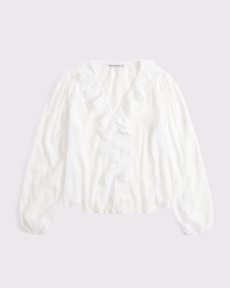 Sheer Embroidered Ruffle Button-Through Blouse 상세 이미지 6