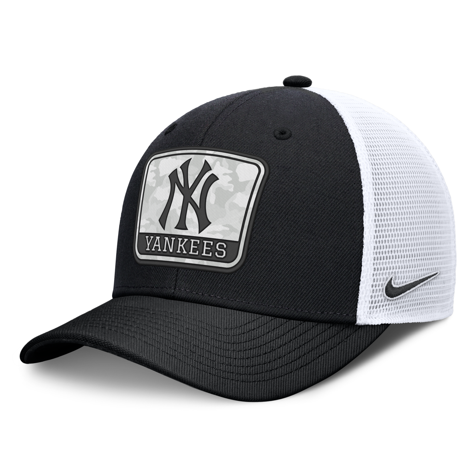 남성용 뉴욕 양키스 Nike 블랙/화이트 카모 라이즈 트러커 Dri-FIT 조절식 모자 상세 이미지 2