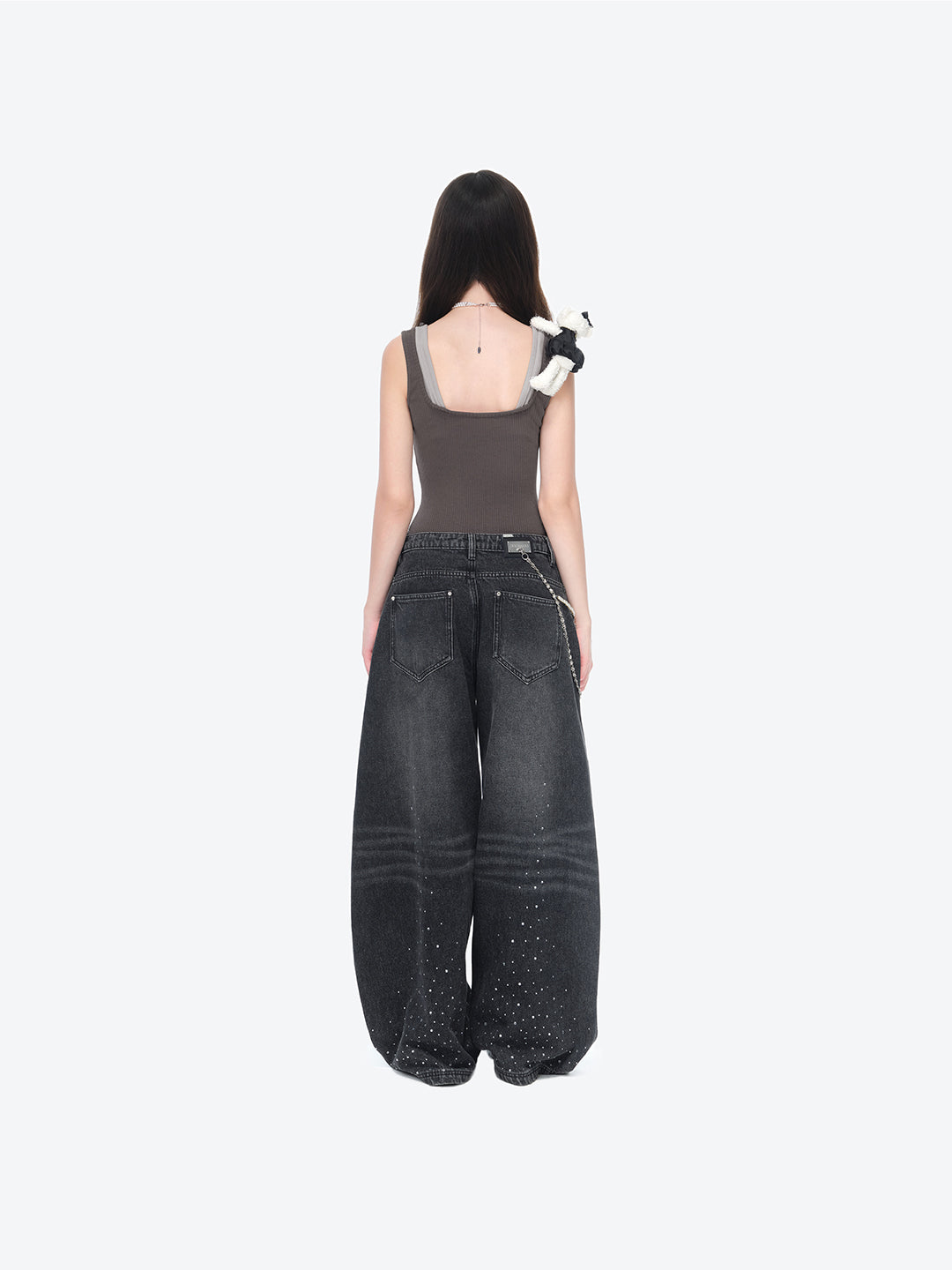 페이크 라인스톤 펄 체인 진 블랙 상세 이미지 4