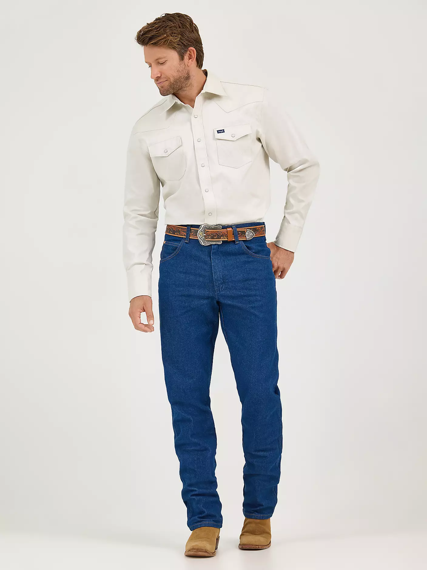 프리워시드 인디고 Wrangler® Cowboy Cut® 릴랙스드 핏 청바지 상세 이미지 3