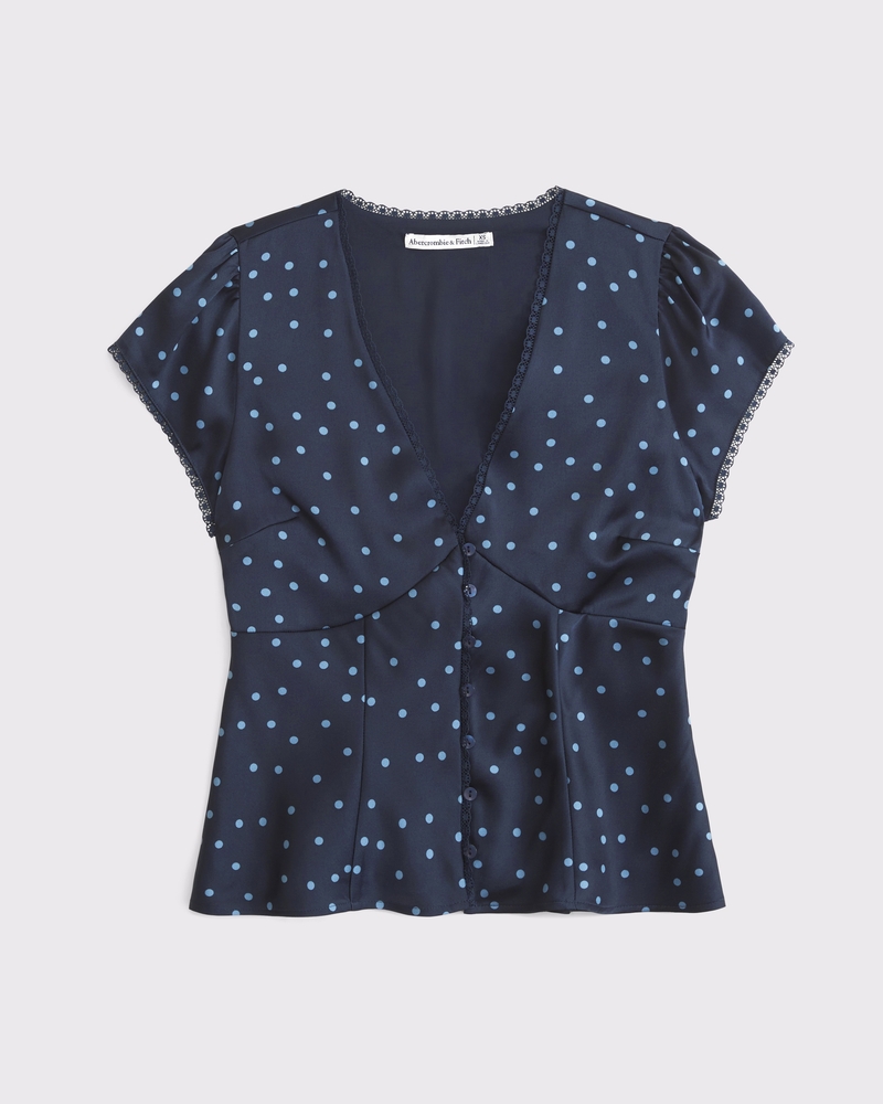 Slim Satin Short-Sleeve Blouse 상세 이미지 6