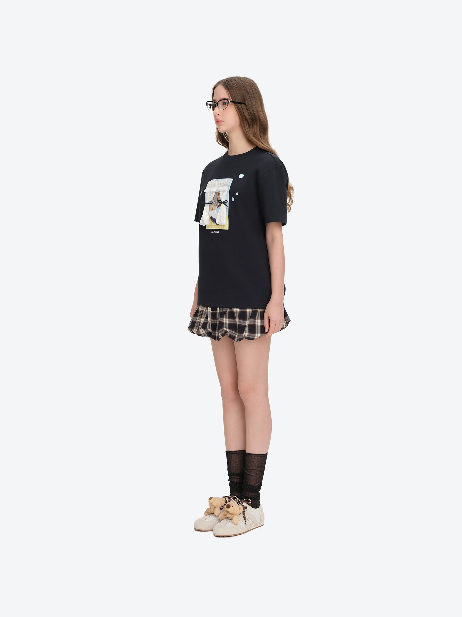 패치워크 베어 목욕 장면 티셔츠 네이비 블루 상세 이미지 3