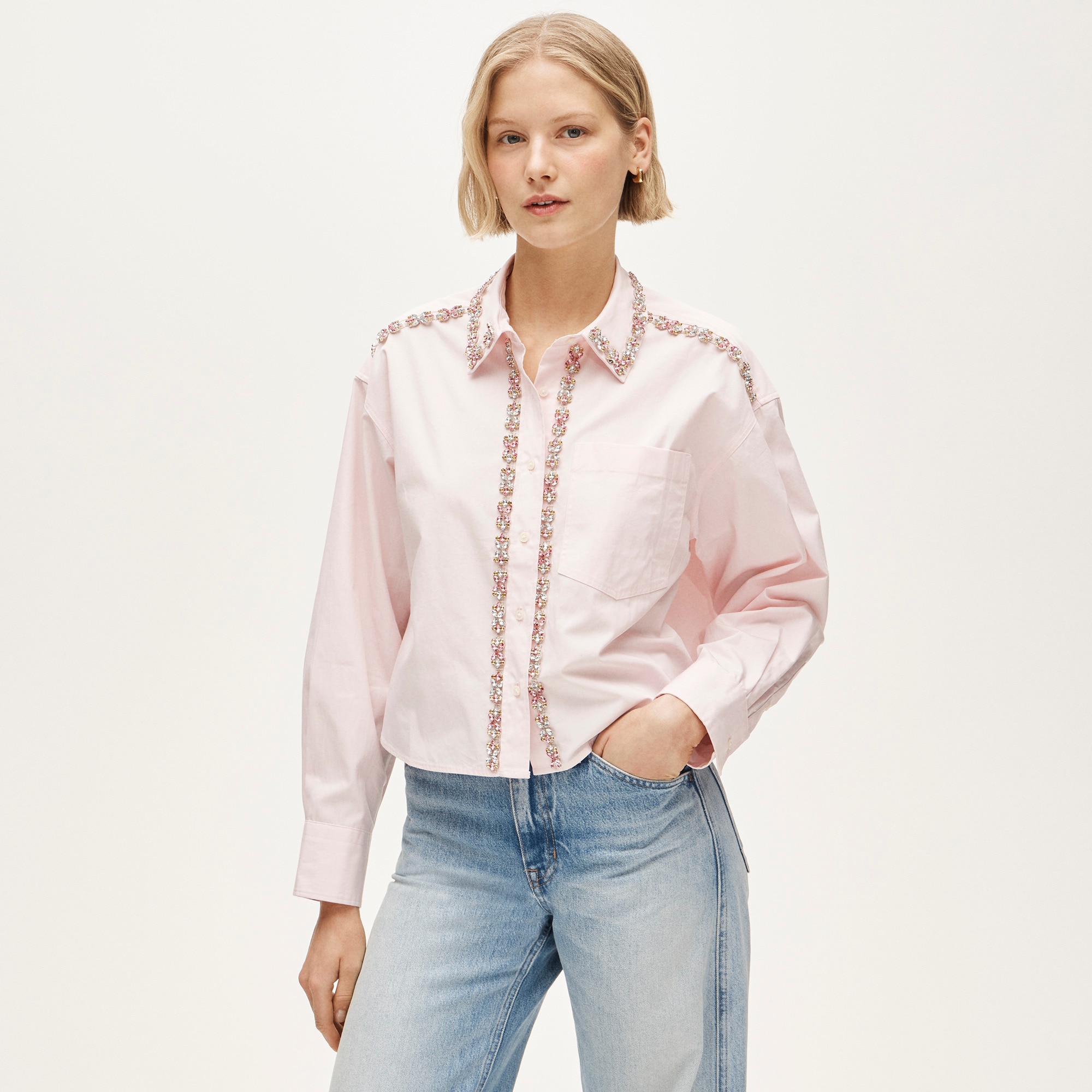 Étienne cropped button-up shirt in embellished cotton poplin 상세 이미지 2