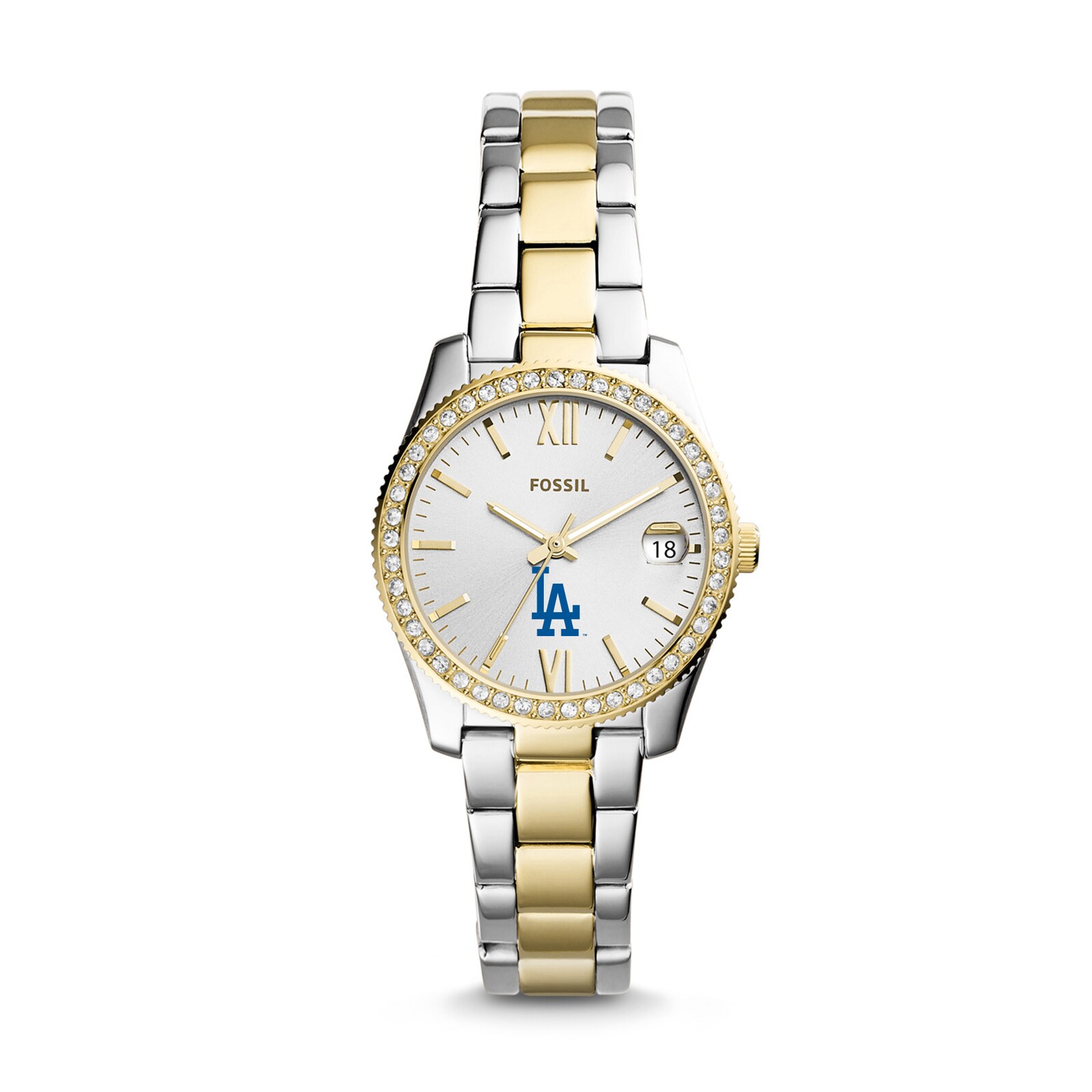 Los Angeles Dodgers 여성용 Fossil 실버 Scarlette 투톤 스테인리스 스틸 시계