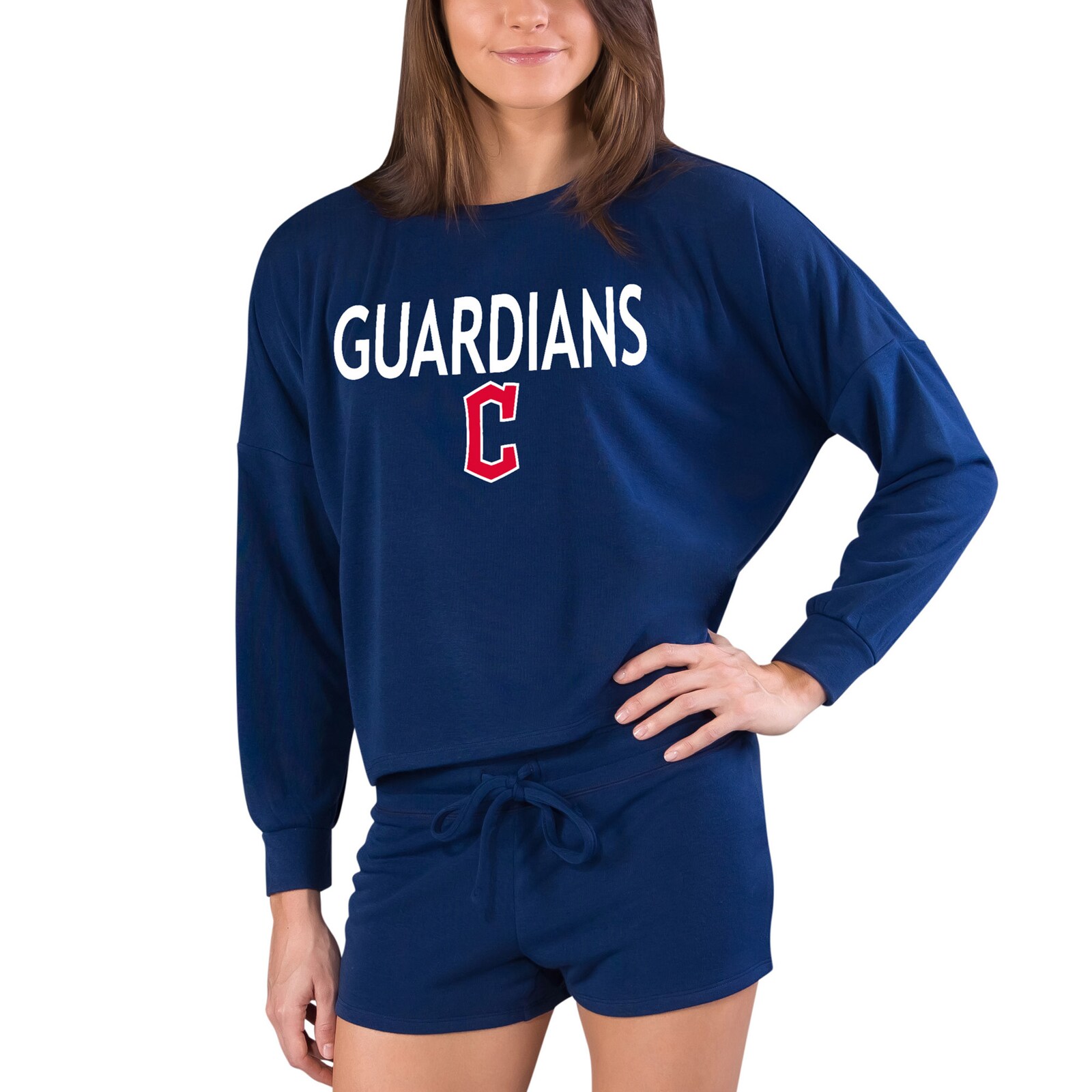 여성용 Cleveland Guardians 네이비 개더 긴소매 상의 & 쇼츠 세트